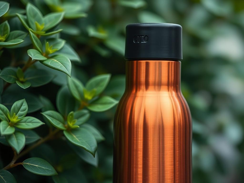 A close-up shot of a beautifully designed eco-friendly product, such as a reusable water bottle made from stainless steel, with green foliage in the background. The focus is on the product, highlighting its sleek design and sustainability features. The image should be shot with a 45mm f/1.2 lens, ensuring a hyper-realistic appearance with vibrant colors that complement the rgb(50, 170, 39) primary color.